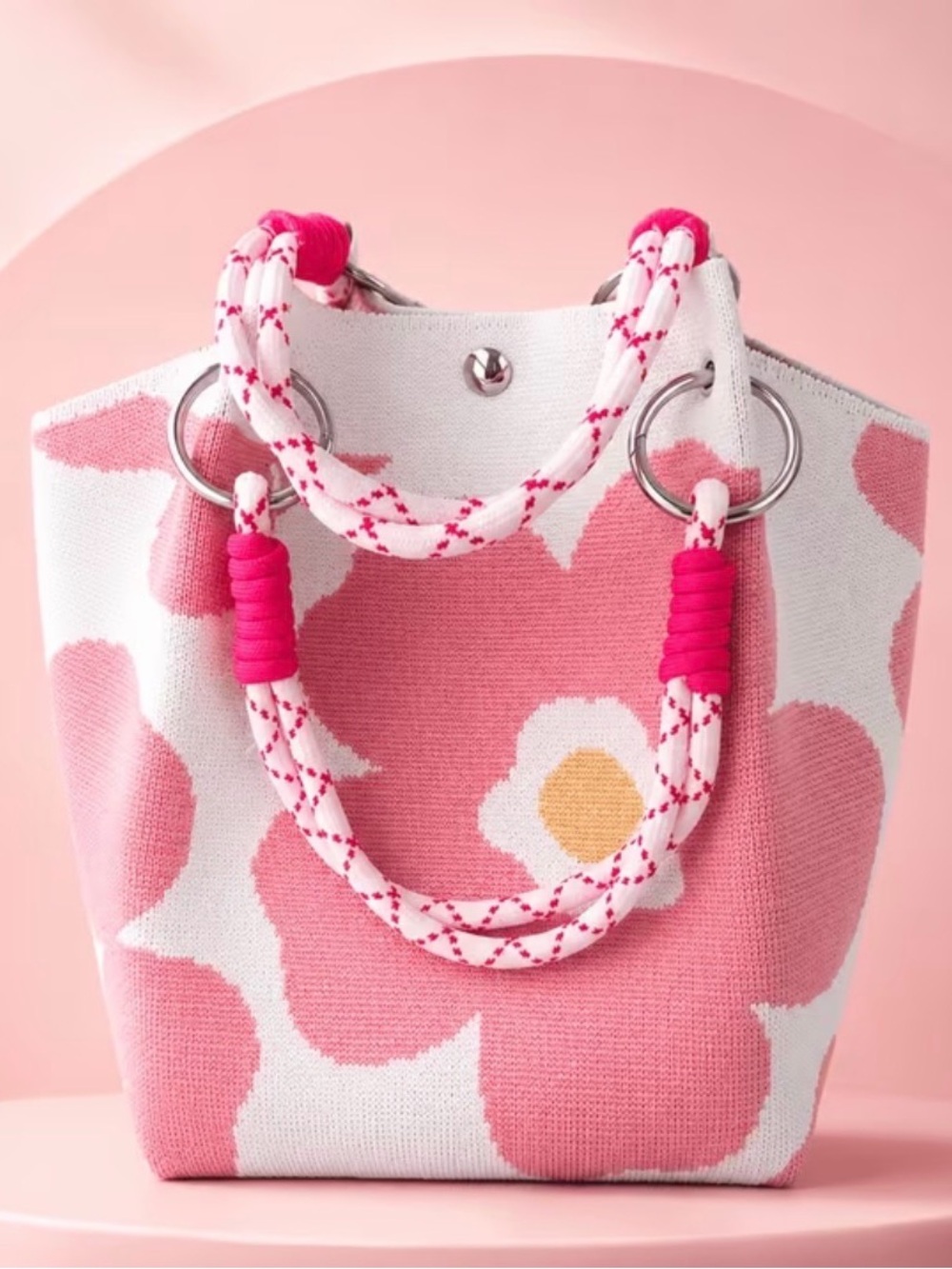 Pink Floral Knit Tote Bag